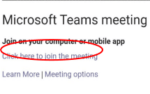 Screenshot of email to join teams, with the "Click here to join the meeting" link circled