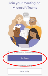 Screenshot of the teams pop-up, with the first button, "Get Teams" circled
