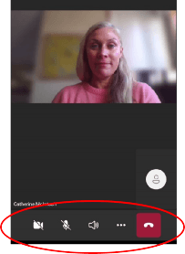 The view inside the teams call, with a person's camera visible and the toolbar at the bottom with all the meeting controls circled
