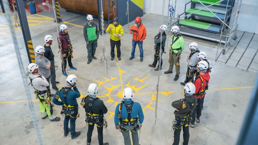 Employees gathered in circle for safety briefing